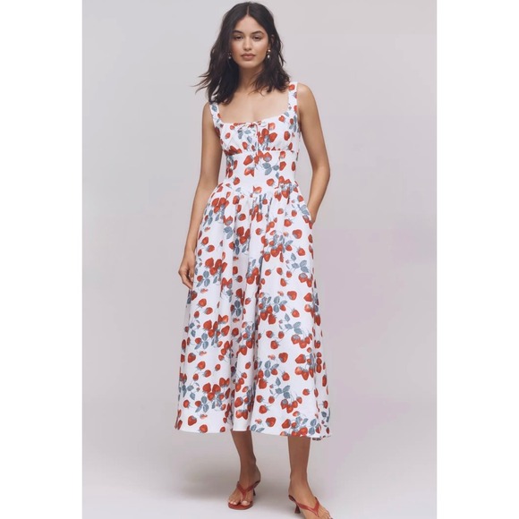 Reformation Dresses & Skirts - Reformation Balia Linen Strawberry Print Basque Waist Midi Dress White Red Sz 2